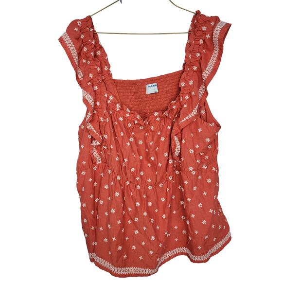 Old Navy Sleeveless Ruffled Embroidered Linen Blend Babydoll Print Top XXL - Picture 2 of 6